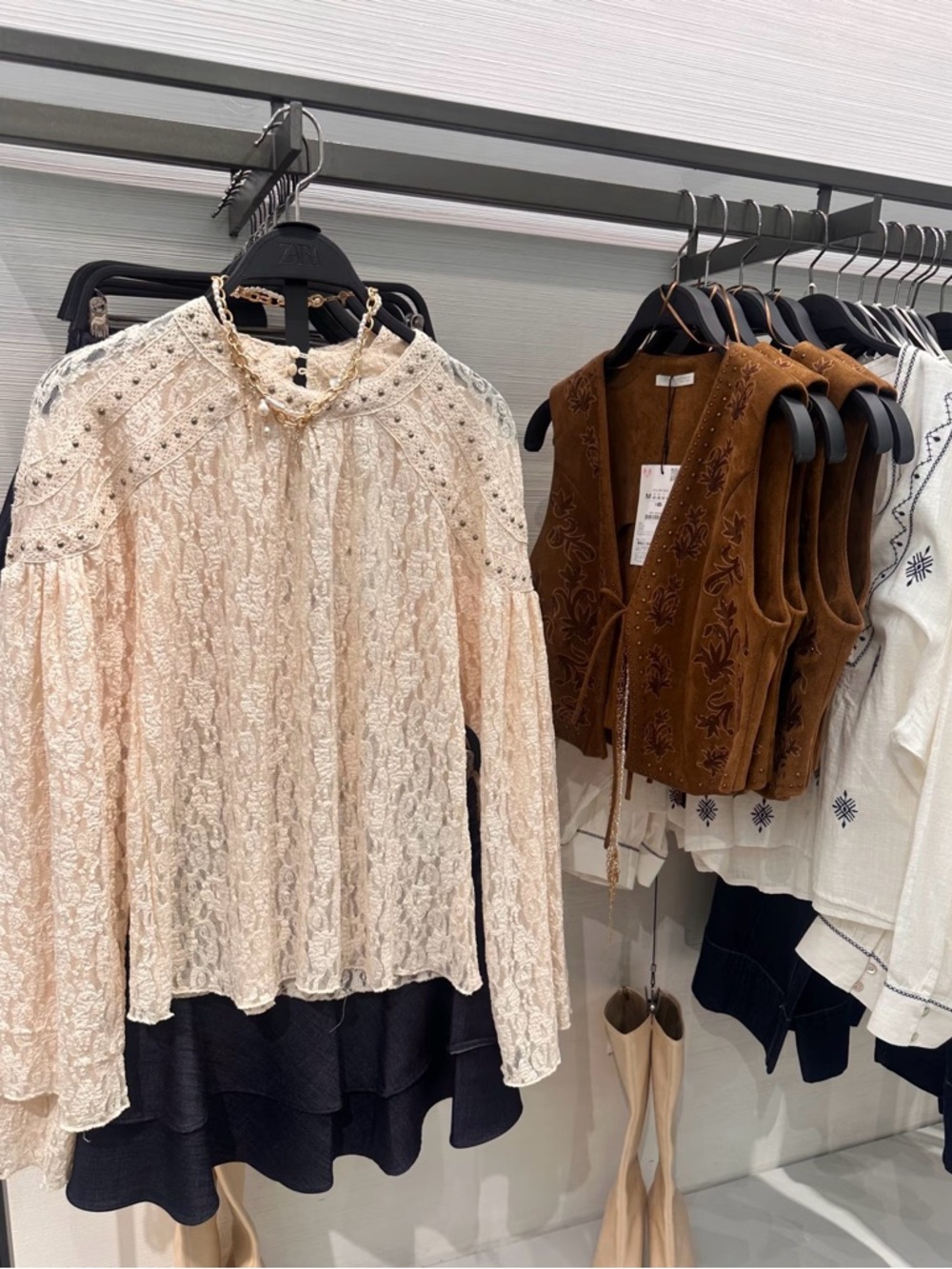 Cream Lace Long-Sleeve Peasant Blouse